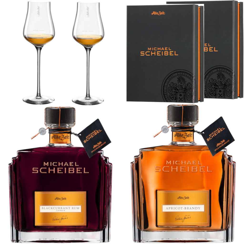 Scheibel Brandy Sparset 1 Apricot Black Currant inkl. 2 Galagläser 2 Geschenkboxen 35%vol.