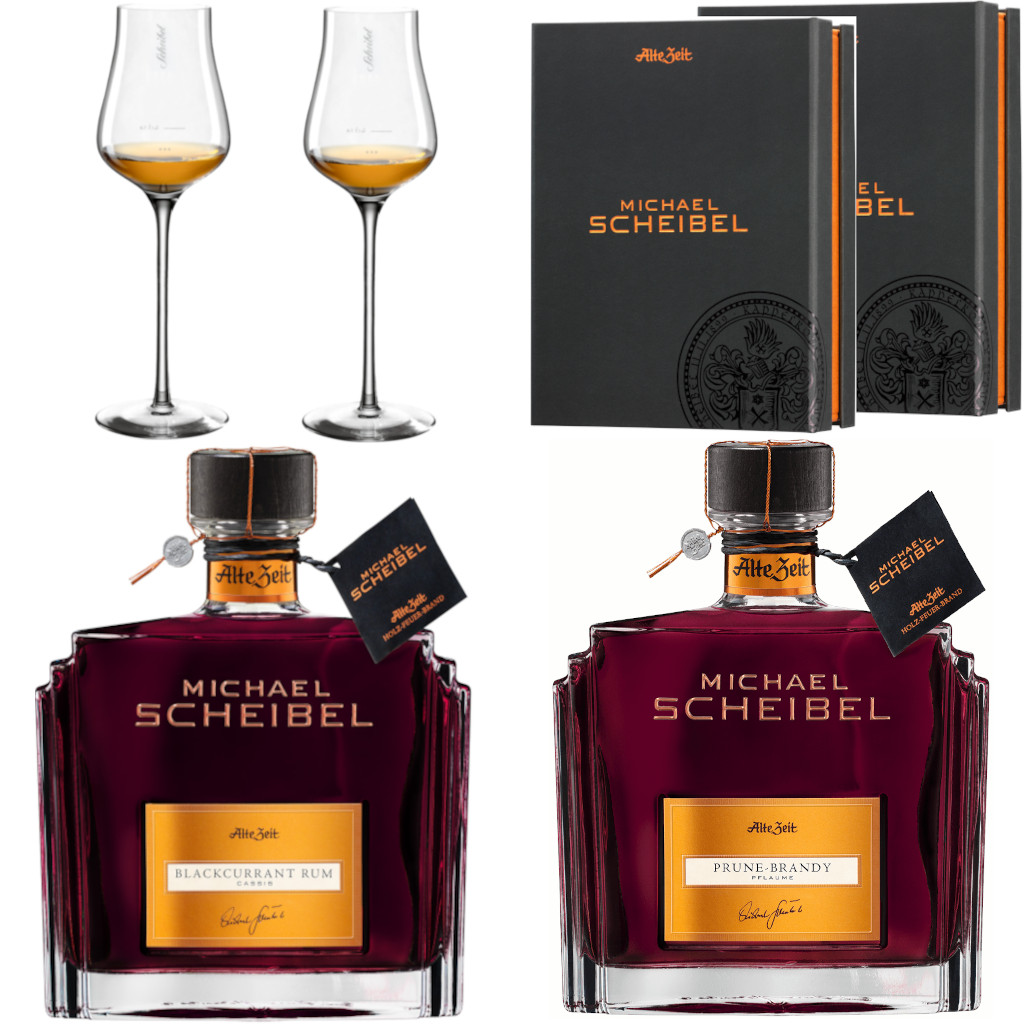 Scheibel Brandy Sparset 1 Prune Black Currant inkl. 2 Galagläser 2 Geschenkboxen 35%vol.